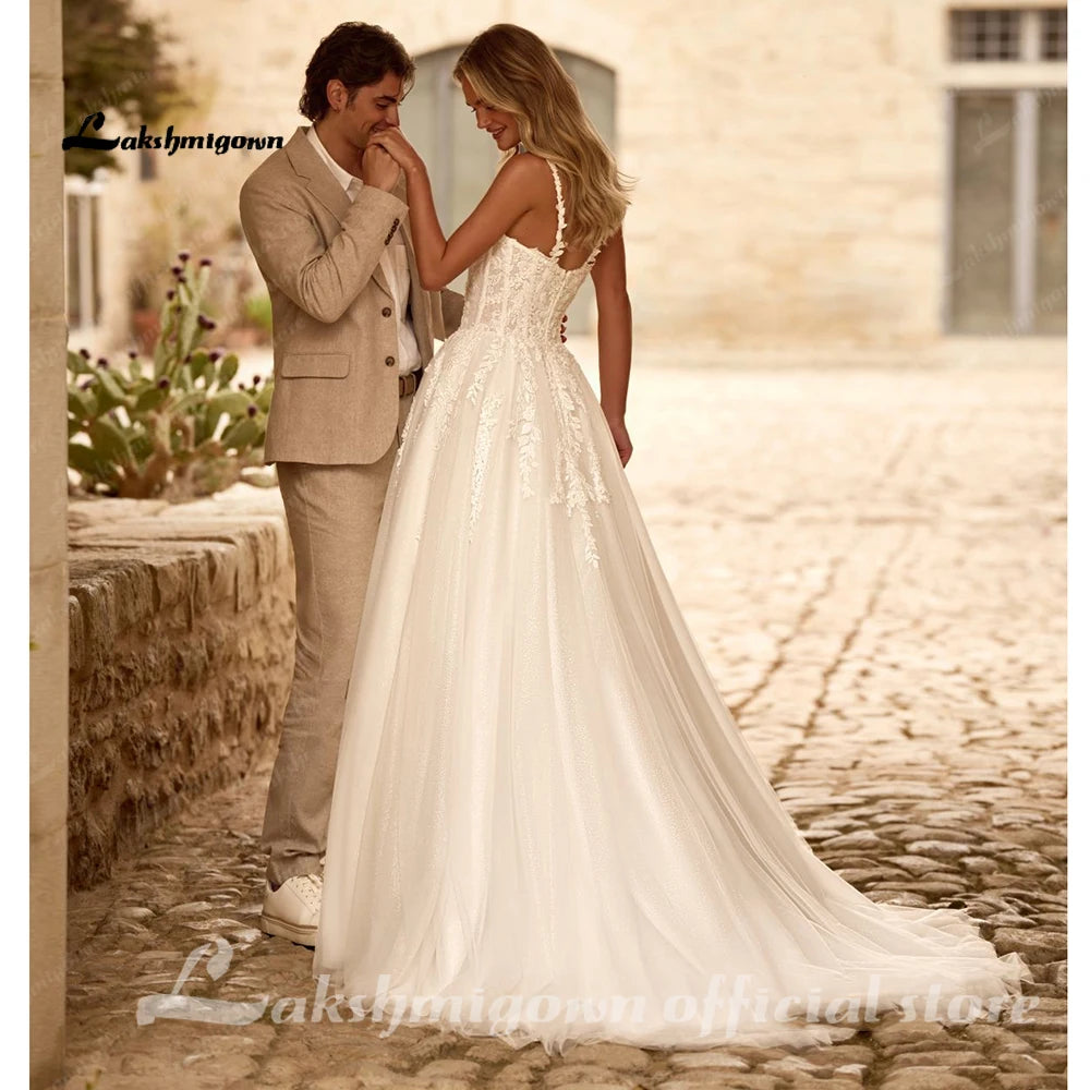 Lakshmigown Sexy Glitter Tulle Wedding Dress Spaghetti Straps V Neck Sequined Applique Split Bridal Dresses Customized