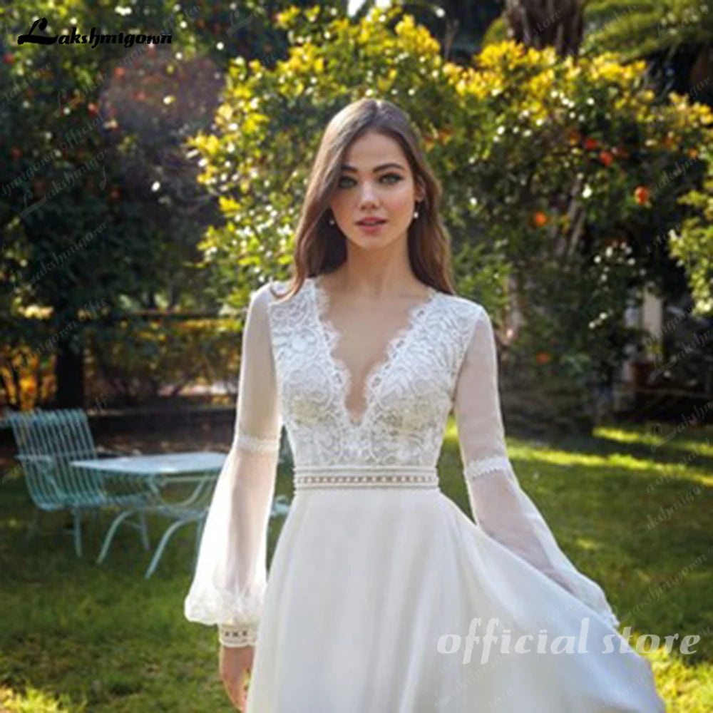 Lakshmigown Beach Boho Wedding Dresses 2026 New Lace Long Fuffy Sleeves Vestidos De Boda V-Neck Bridal Gowns Chiffon Customized