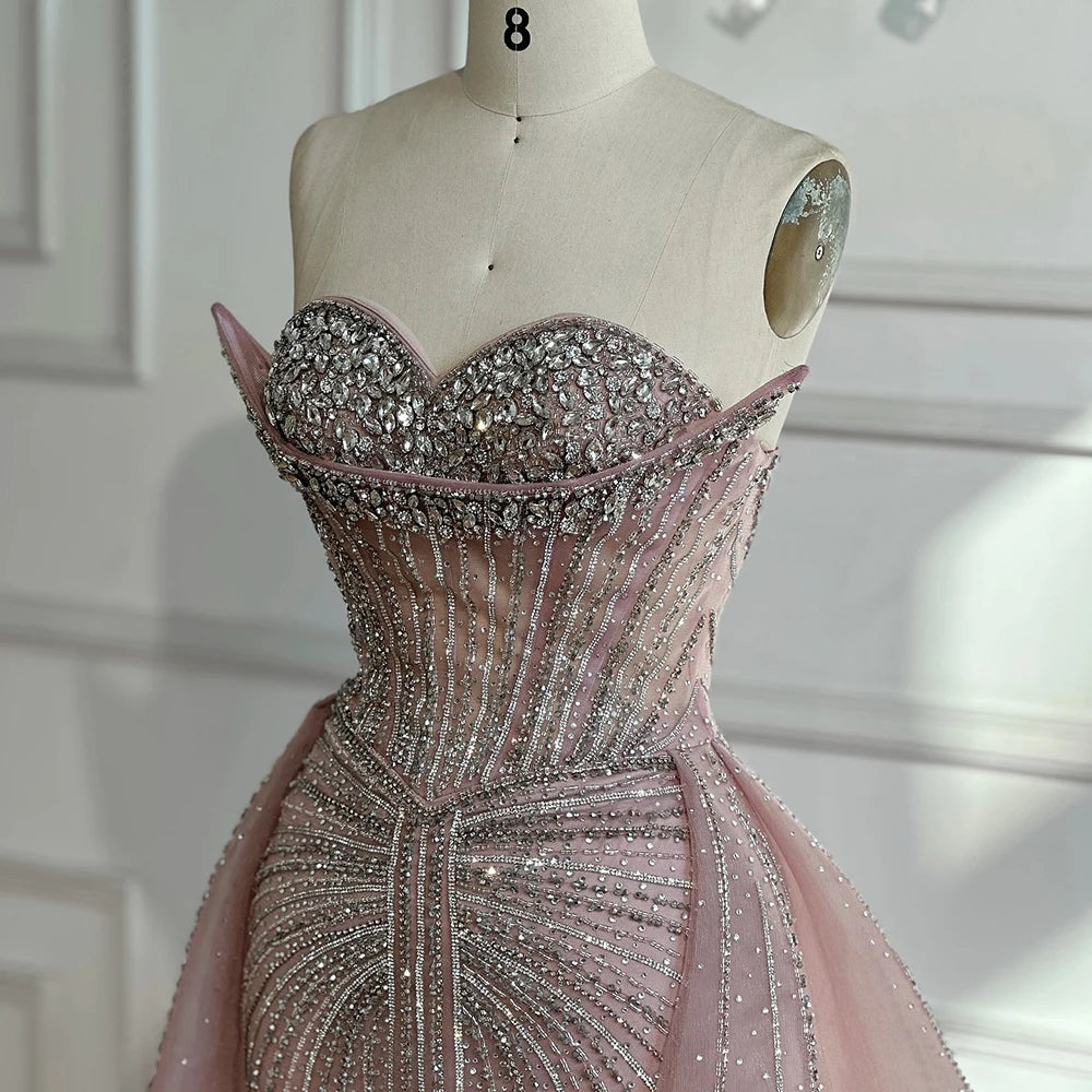 Serene Hill Customized 2025 Pink Crystal Beaded Saudi Mermaid Evening Dresses Gowns with Overskirt for Formal Occasion DLA72811