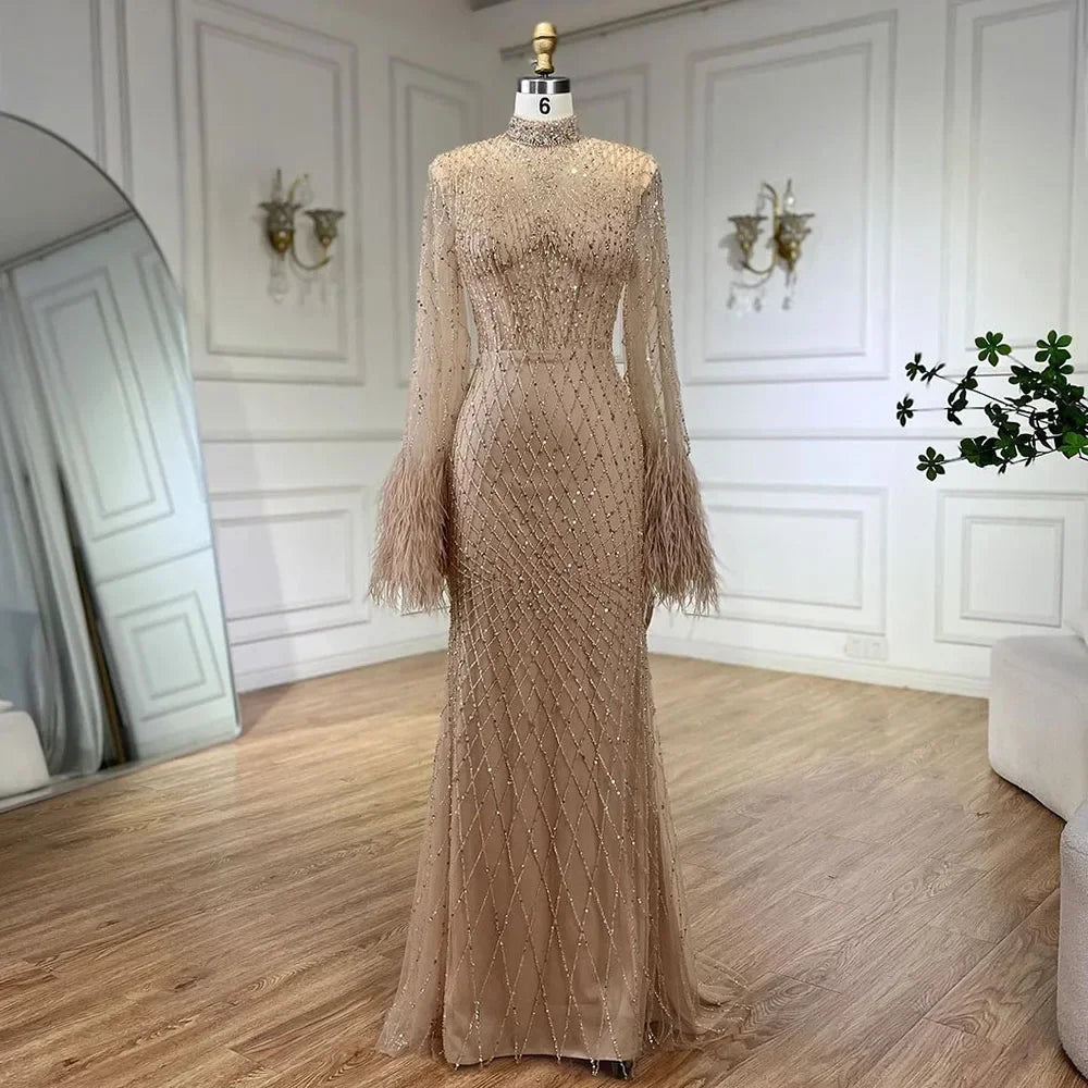 Serene Hill Nude High Neck Long Sleeves Feathers Mermaid Beaded Evening Dress Party Gowns for Women DLA72394 Customized