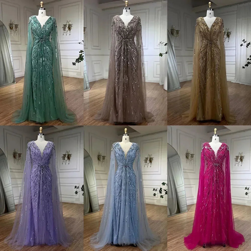 Serene Hill V-neck Turquoise Beaded Mermaid Evening Dress with Cape Plus Size Party Gowns for Women DLA72168A Customized