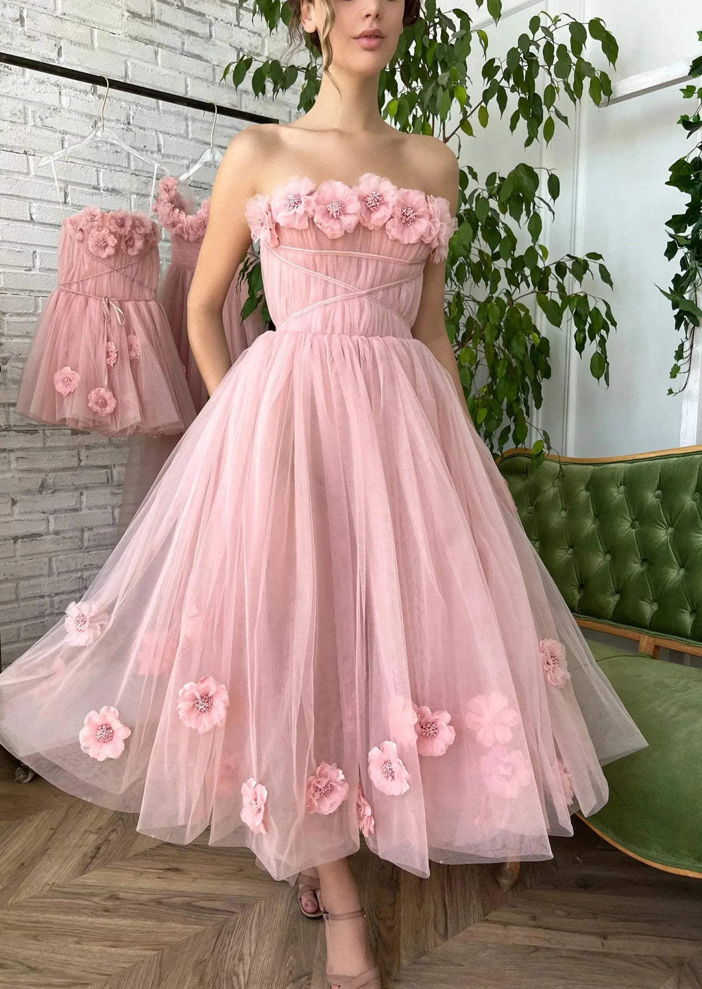 NumberSea Strapless Pink Garden Wedding Dress for Women Vestito Donna 2025  Lace Flower Beach Bridal Gowns