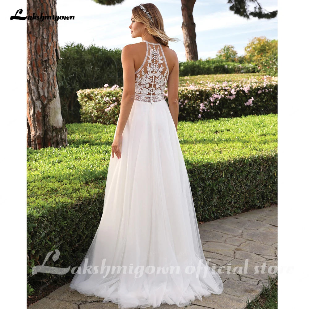 Lakshmigown Halter Neck Tulle Wedding Dresses Sexy Sleeveless Bridal Gowns with Sweep Train and Button Back Customized