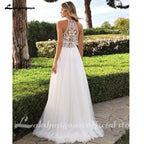 Lakshmigown Halter Neck Tulle Wedding Dresses Sexy Sleeveless Bridal Gowns with Sweep Train and Button Back Customized