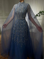 Serene Hill Customized 2025 Blue Beaded A-Line Cape Sleeves Formal Evening Dresses Elegant Party Gowns for Women DLA72728