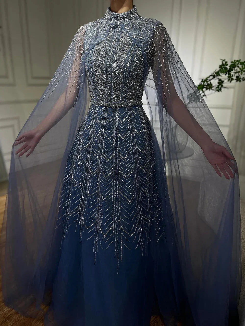 Serene Hill Customized 2025 Blue Beaded A-Line Cape Sleeves Formal Evening Dresses Elegant Party Gowns for Women DLA72728