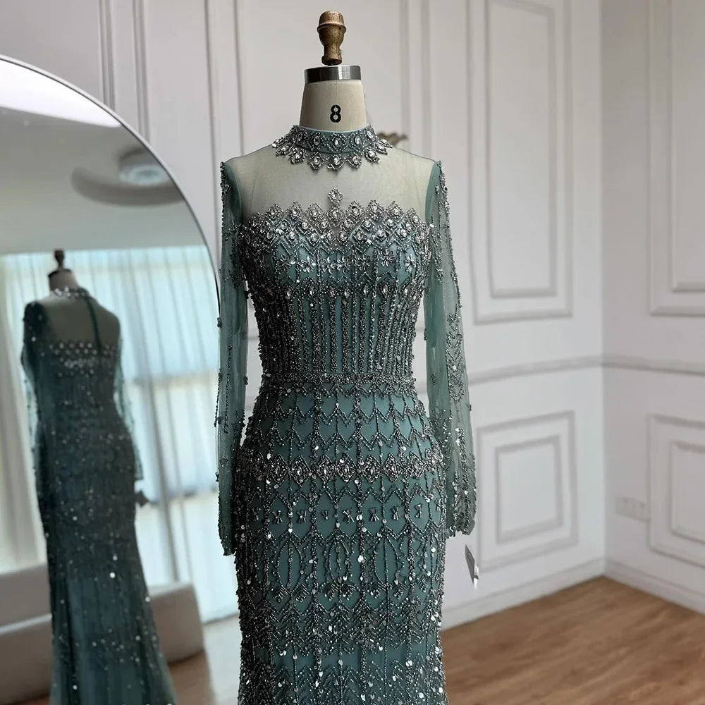 Serene Hill High Neck Long Sleeves Beaded Mermaid Evening Dress Muslim Wedding Party Gowns for Women DLA72714C Customized