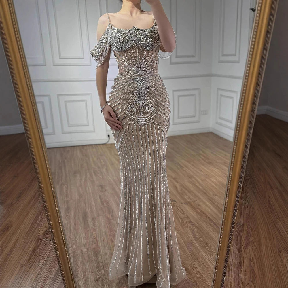 Serene Hill 2025 Customized Pink Off Shoulder Mermaid Evening Dress Luxury Beaded Party Gowns for Women DLA73148