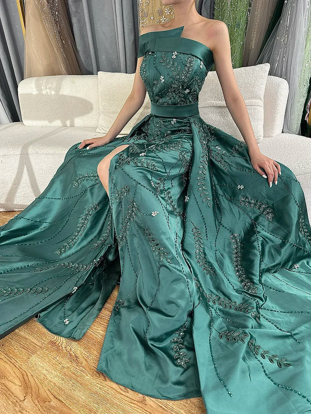 Serene Hill Customized 2024 Green One-Shoulder Satin Evening Gown Beaded Dress with Overskirt and Split for Women DLA72178