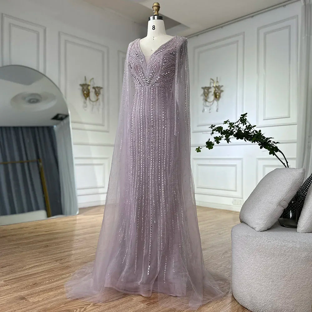 2026 Customized Pink Cape Sleeves Mermaid Beaded Evening Dresses Gowns for Women Wedding Party | Nightbubo