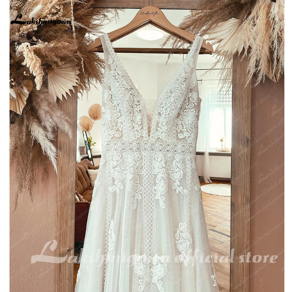 Lakshmigown Boho Lace Applique Elegant Plunging V Modest Wedding Dress Women Beach Robe De Mariage Bride Gowns