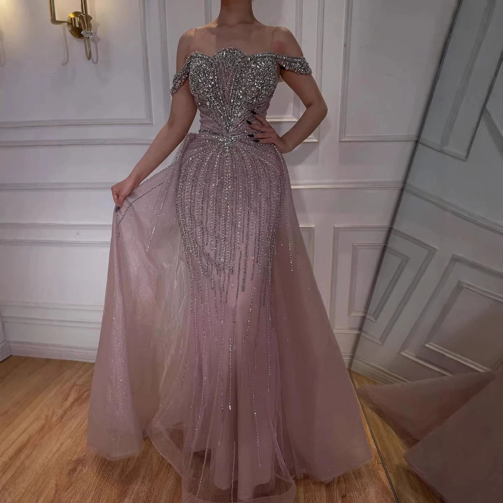 Serene Hill Green Mermaid Beaded Evening Party Gown 2026 Elegant Off-Shoulder Runway Dress with Overskirt Customized DLA73392