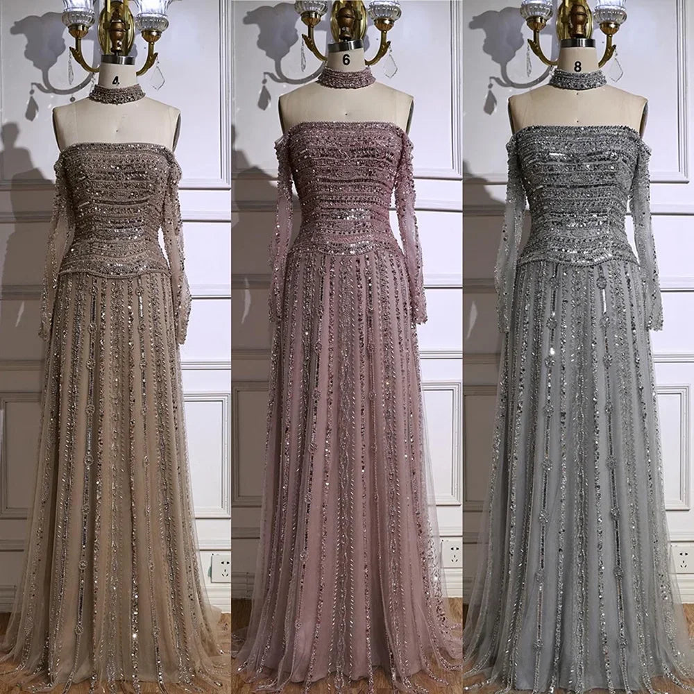 Elegant Caramel Beaded Off Shoulder Evening Dress with Long Sleeves for Formal Party Serene Hill 2025 Customized DLA73053