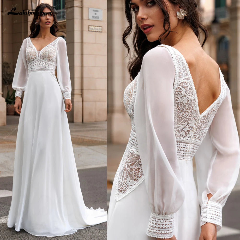 Lakshmigown Beach Wedding Dresses with Dectach Puffy Long Sleeve Vestito Donna Sexy Chiffon Boho Bridal Gowns Customized