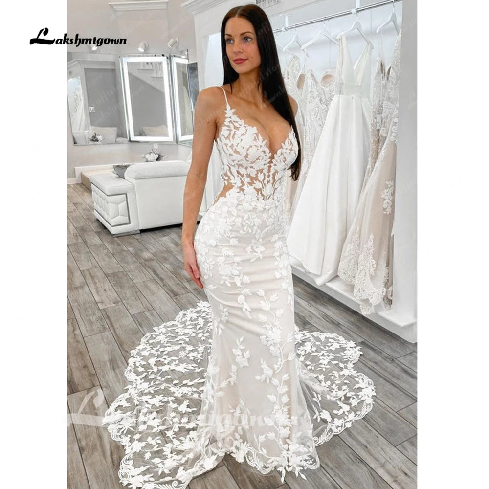 Lakshmigown Lace Mermaid Wedding Dress Spaghetti Straps Cut Out Long Train Bridal Gowns Vestidos de Nova