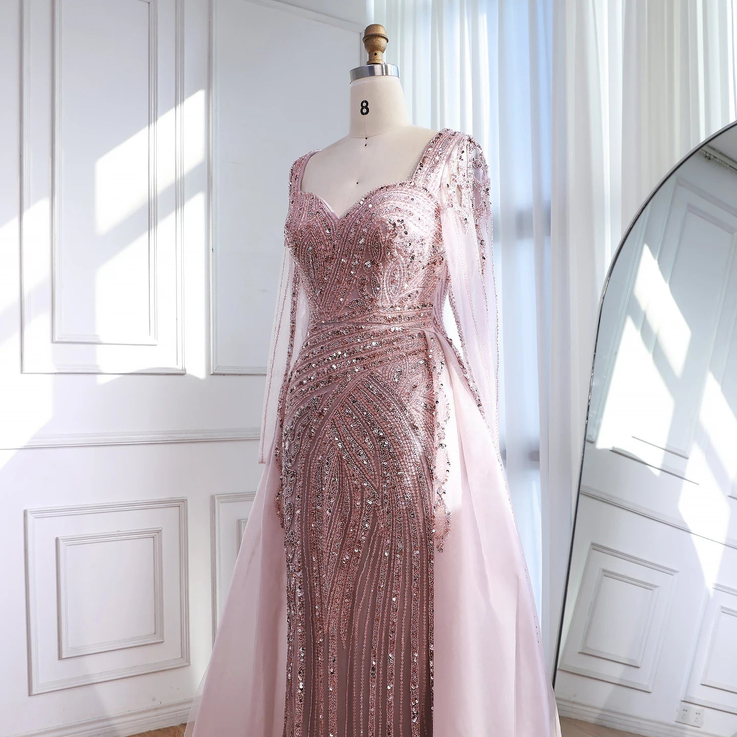 Serene Hill Black Long Sleeves Luxury Beaded Evening Dress Overskirt Formal Party Gowns for Women DLA73198 Customized