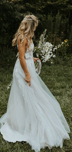 See Through Lace Ivory Tulle V-neck V-back Beach Wedding Dresses,DB0160