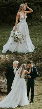 See Through Lace Ivory Tulle V-neck V-back Beach Wedding Dresses,DB0160