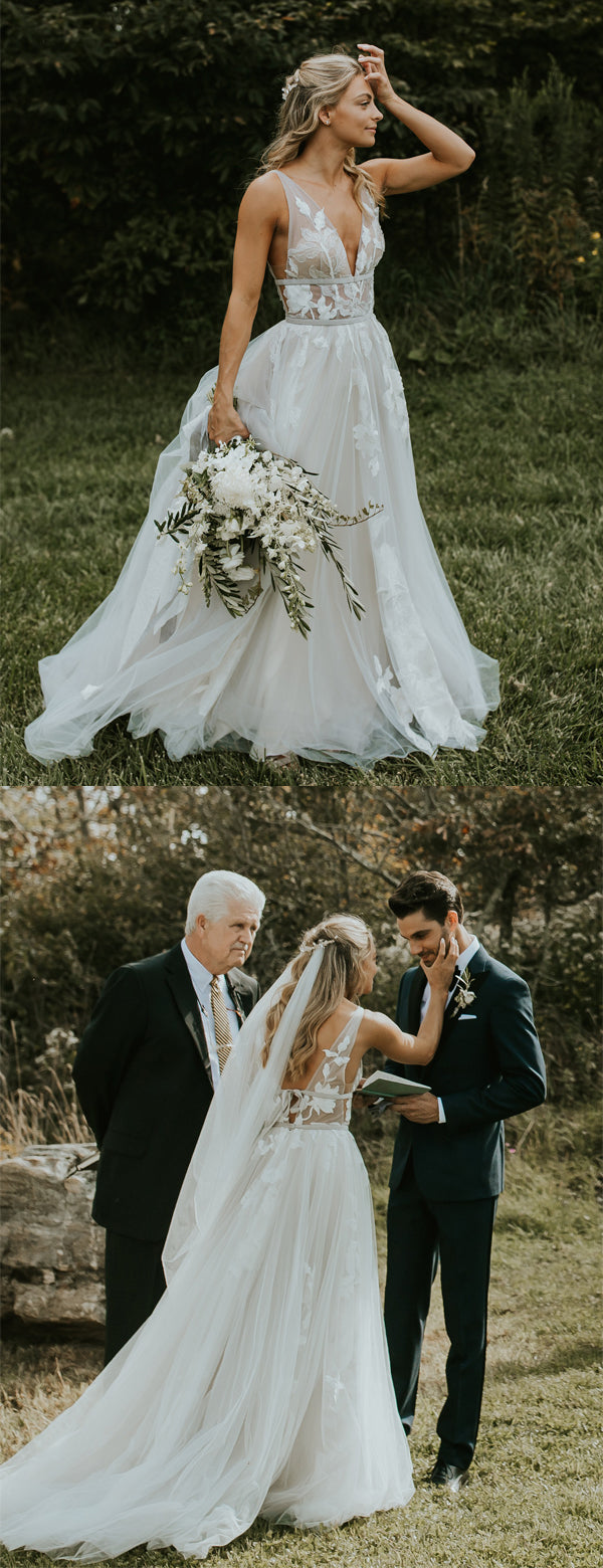 See Through Lace Ivory Tulle V-neck V-back Beach Wedding Dresses,DB0160