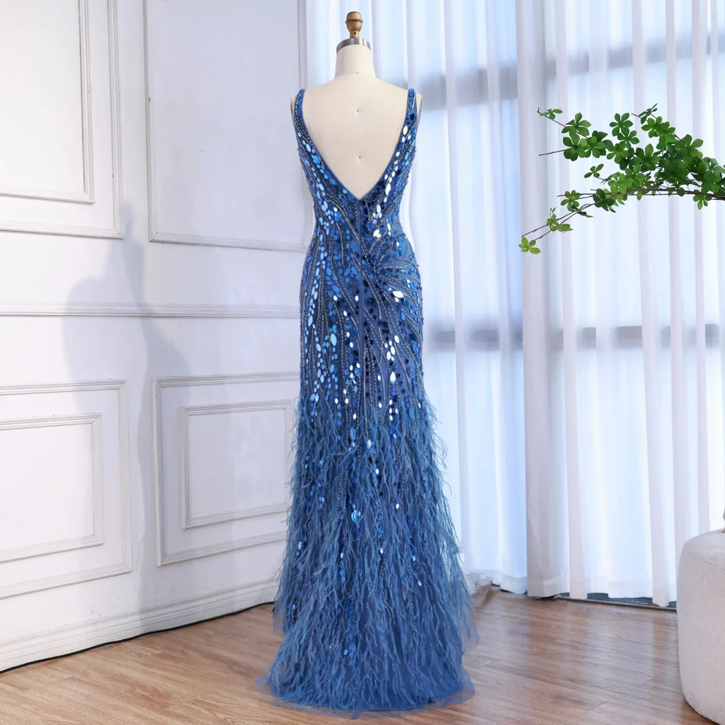 Luxuriöses blaues Perlenbesetztes Federbesetztes Meerjungfrauen-Abendkleid LA73369