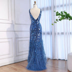 Luxuriöses blaues Perlenbesetztes Federbesetztes Meerjungfrauen-Abendkleid LA73369