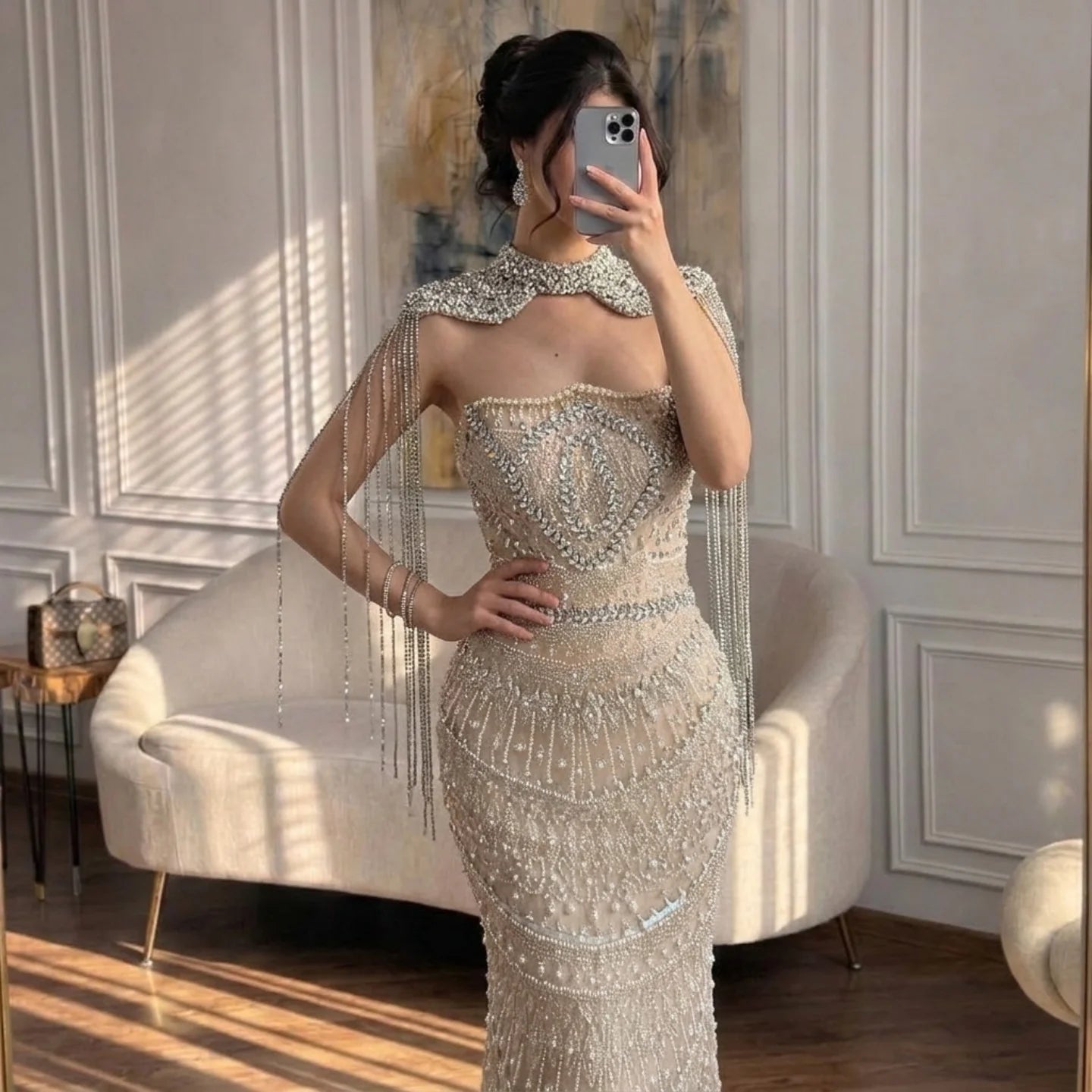 Serene Hill Luxury Beaded Mermaid Evening Dress Elegant Crystal Tassel Cape Celebrity Party Gown Vestidos Customized DLA73450A