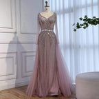 Serene Hill Pink V-neck Long Sleeves Beaded Evening Dress with Detachable Overskirt Party Gown for Women Customized DLA73156