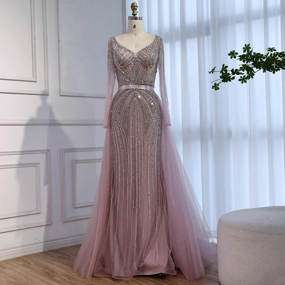 Serene Hill Pink V-neck Long Sleeves Beaded Evening Dress with Detachable Overskirt Party Gown for Women Customized DLA73156