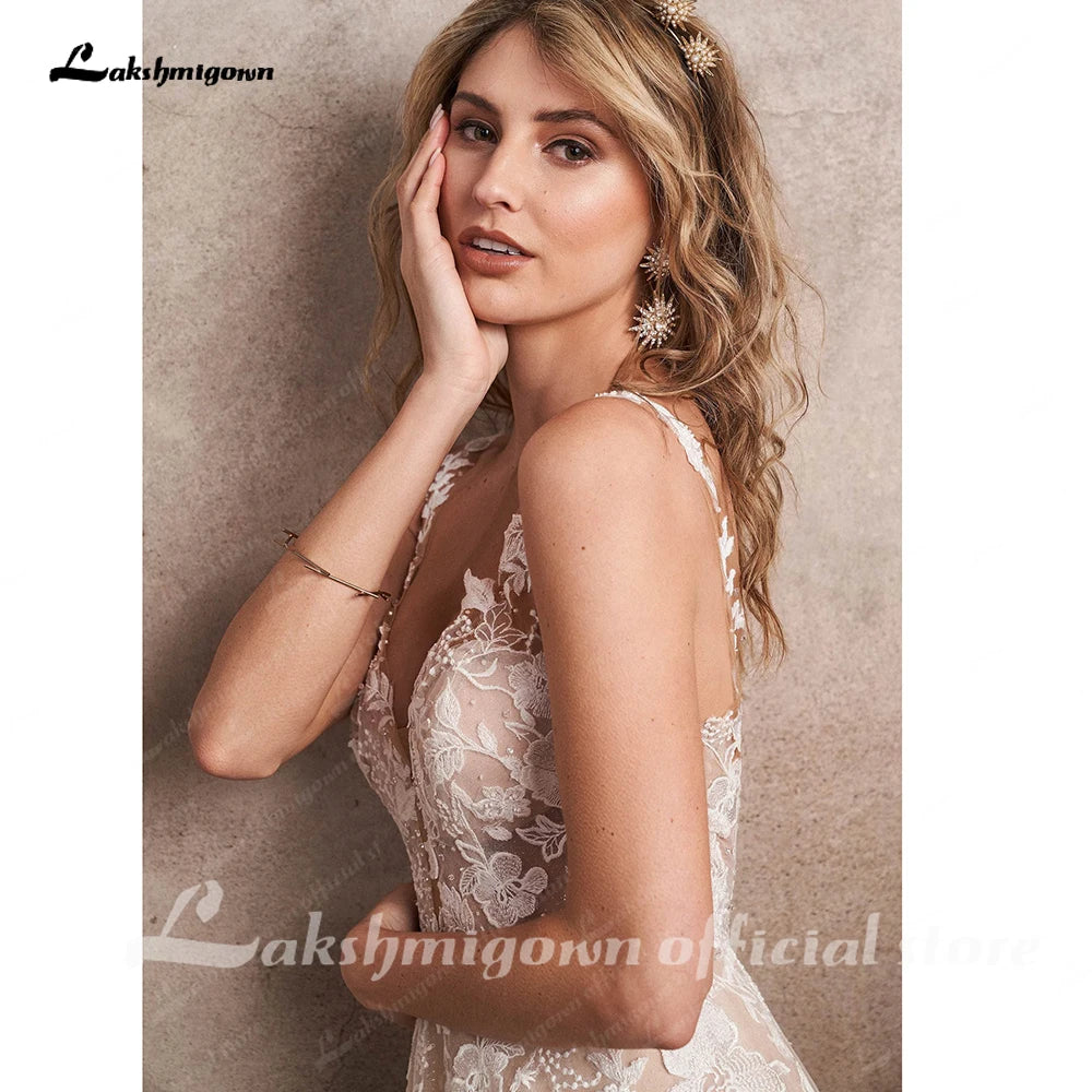 Lakshmigown Champagne A-Line Wedding Dresses Appliques V-neck Backless Robe Mariee Boho Lace Bridal Gowns  Customized