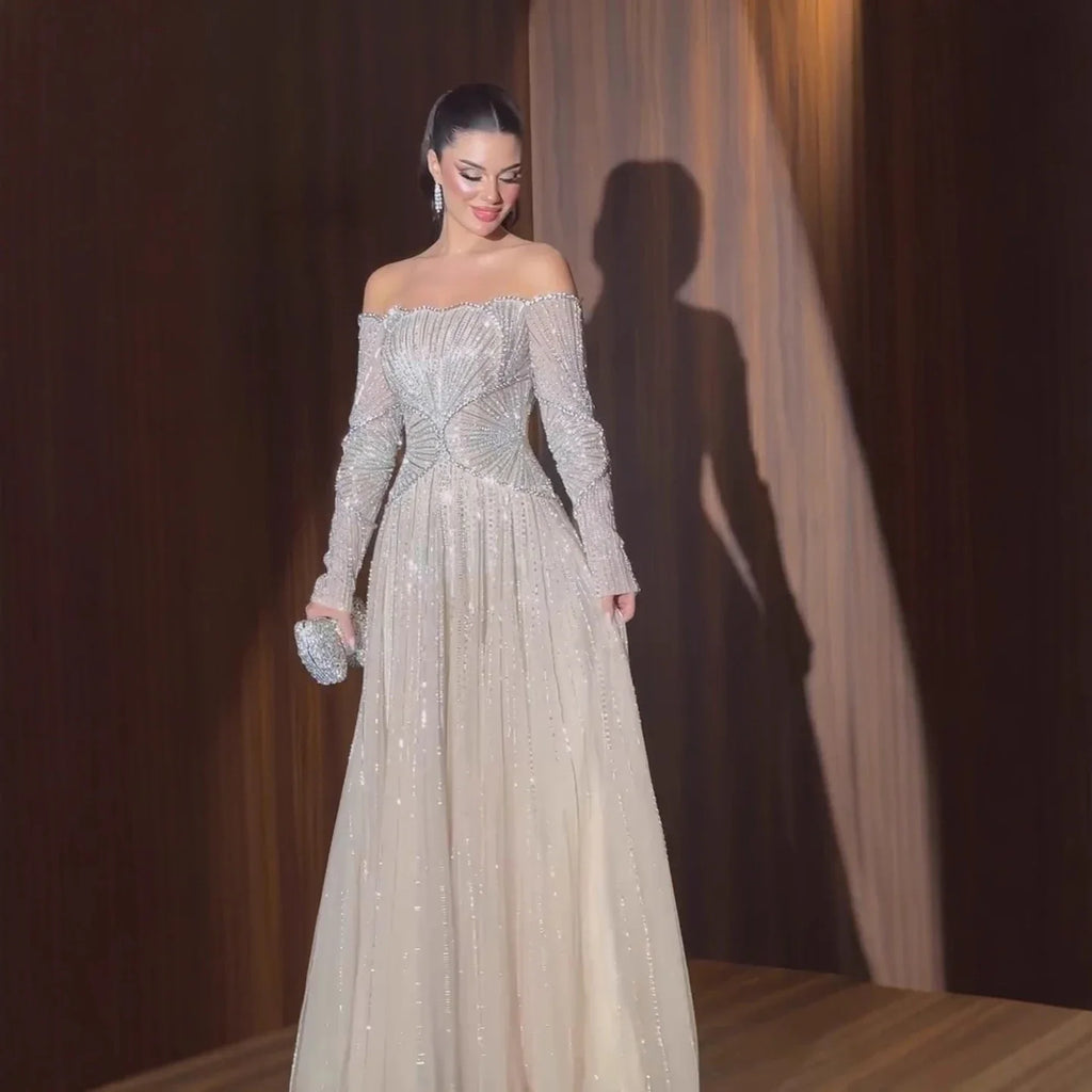 Serene Hill Customized Off Shoulder Long Sleeves A-line Prom Dress for Women Formal Wedding Party Evening Gowns DLA73333