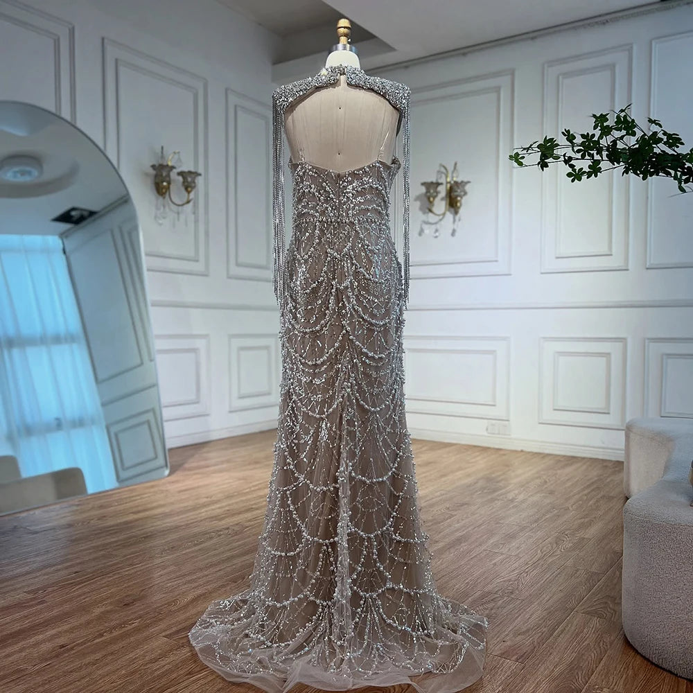 Serene Hill Nude Strapless Mermaid Pearls Beaded Evening Gowns Luxury Party Dress with Tassel DLA72876 Customized