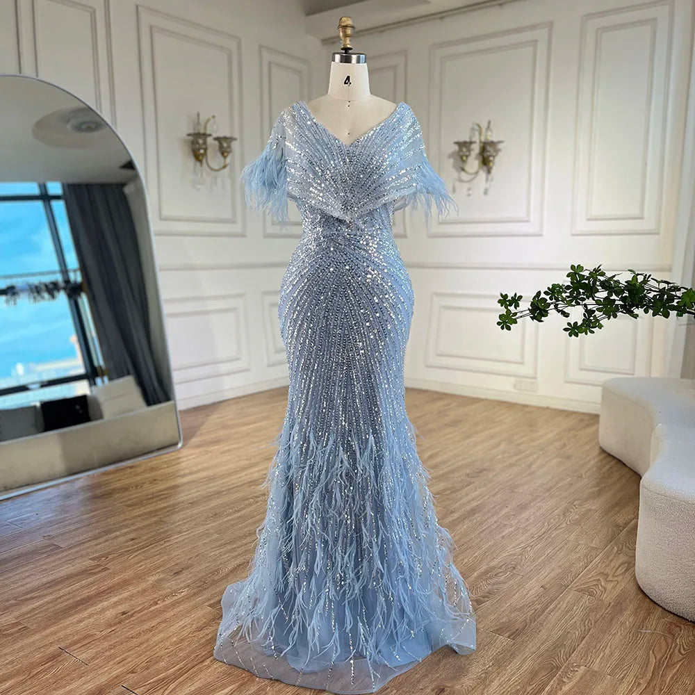 Abito da sera sirena rosso arabo di lusso con piume e perline LA71323A