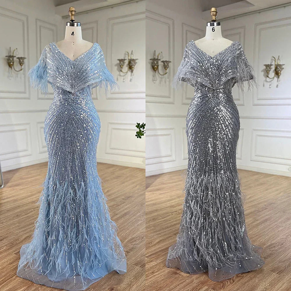 Abito da sera sirena rosso arabo di lusso con piume e perline LA71323A