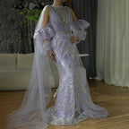 Robe de soirée longue luxueuse Dubaï Lilas Arabe à manches bouffantes et perles scintillantes pour occasion formelle LA72745