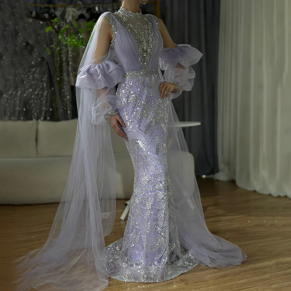 Abito da sera lungo lussuoso Dubai Arabic Lilac sirena con maniche a sbuffo scintillante e perline per occasioni formali LA72745