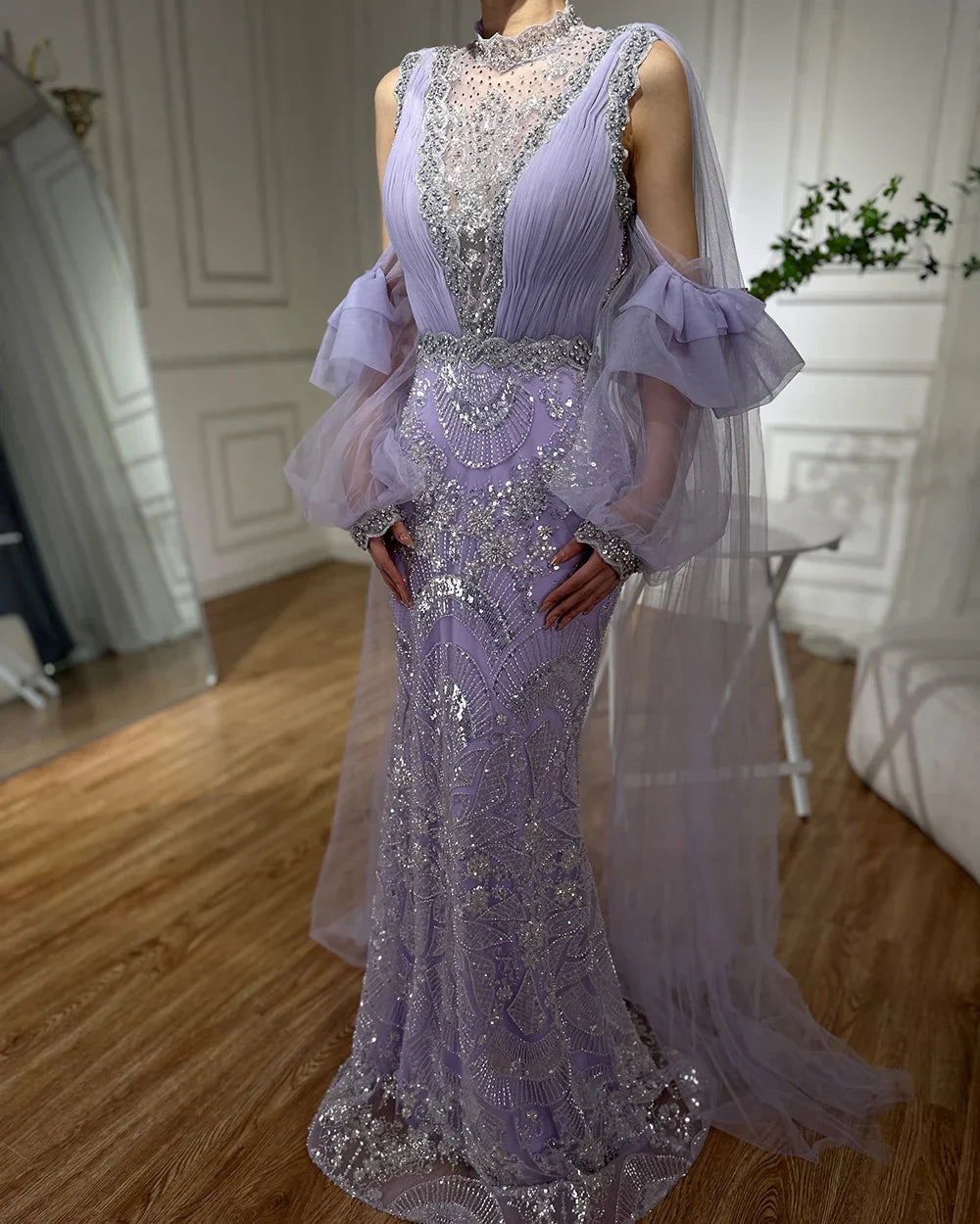 Robe de soirée longue luxueuse Dubaï Lilas Arabe à manches bouffantes et perles scintillantes pour occasion formelle LA72745