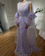 Robe de soirée longue luxueuse Dubaï Lilas Arabe à manches bouffantes et perles scintillantes pour occasion formelle LA72745