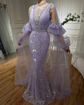 Robe de soirée longue luxueuse Dubaï Lilas Arabe à manches bouffantes et perles scintillantes pour occasion formelle LA72745