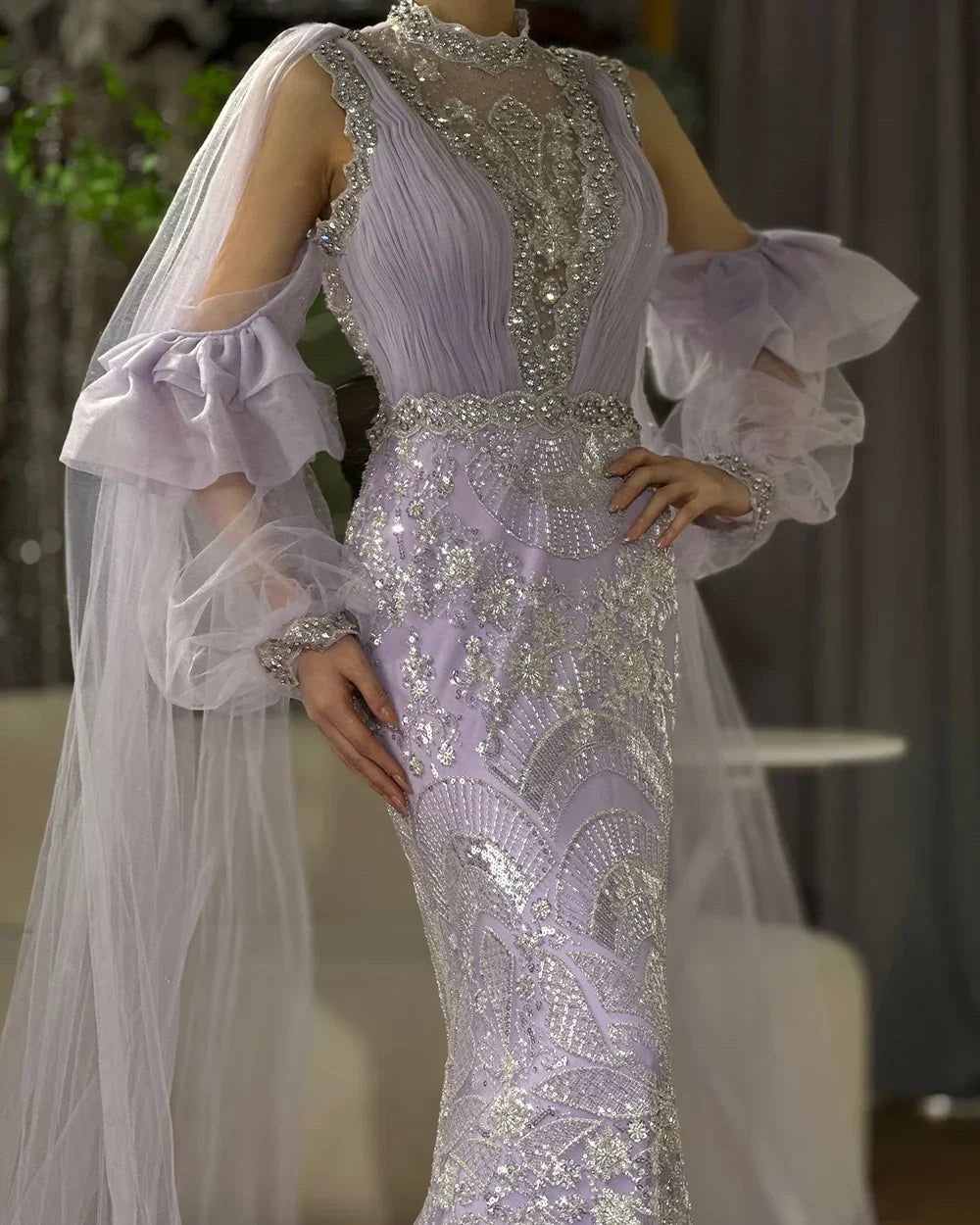 Abito da sera lungo lussuoso Dubai Arabic Lilac sirena con maniche a sbuffo scintillante e perline per occasioni formali LA72745