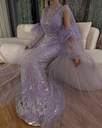 Robe de soirée longue luxueuse Dubaï Lilas Arabe à manches bouffantes et perles scintillantes pour occasion formelle LA72745