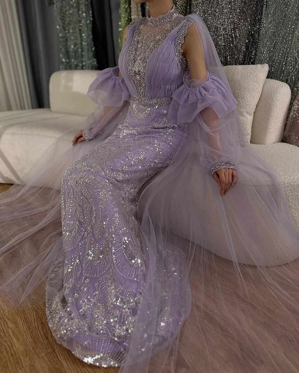 Abito da sera lungo lussuoso Dubai Arabic Lilac sirena con maniche a sbuffo scintillante e perline per occasioni formali LA72745
