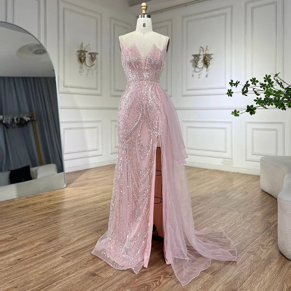 Abito da sera sirena color rosa chiaro con spalline sottili e sopragonna perlinato LA72378A