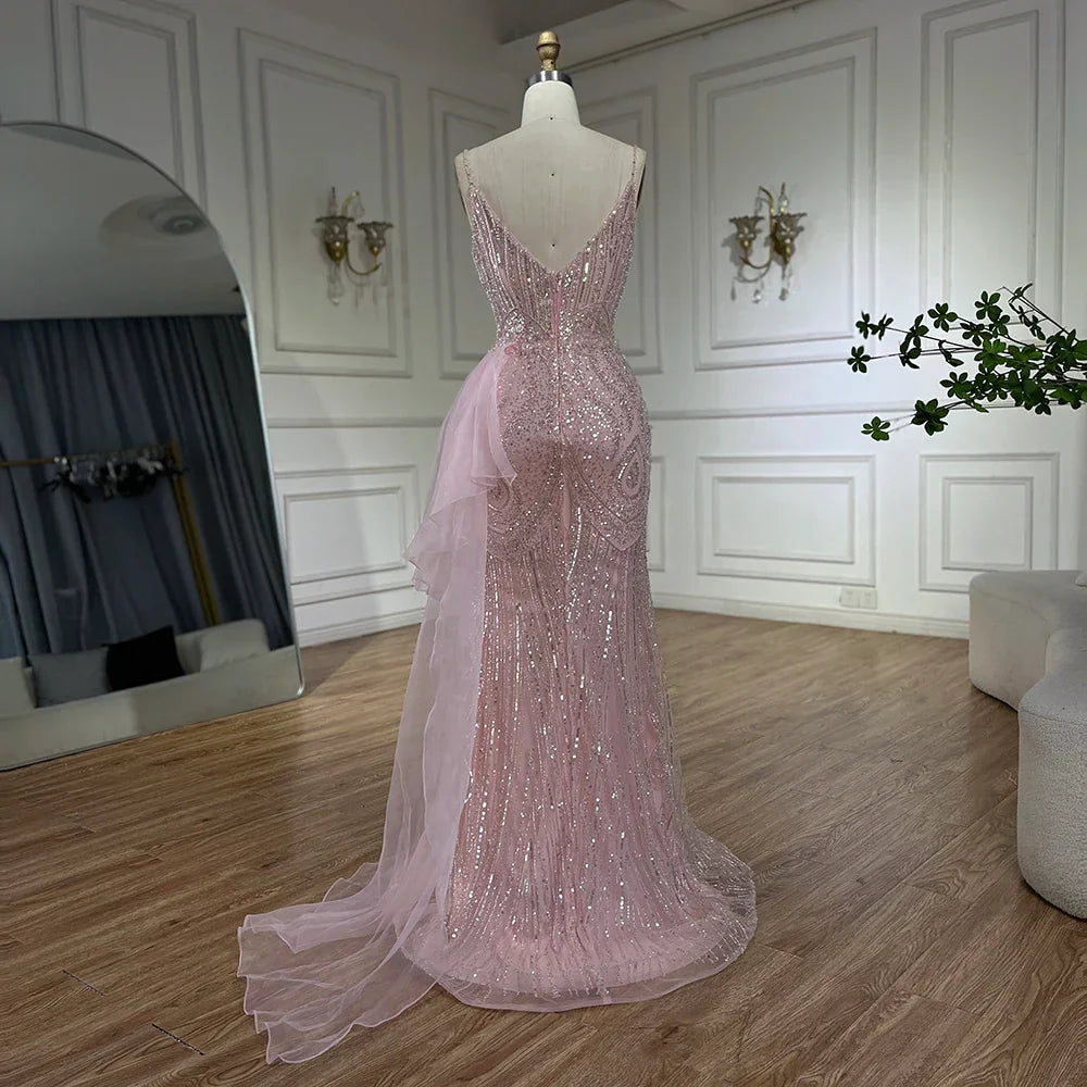 Abito da sera sirena color rosa chiaro con spalline sottili e sopragonna perlinato LA72378A