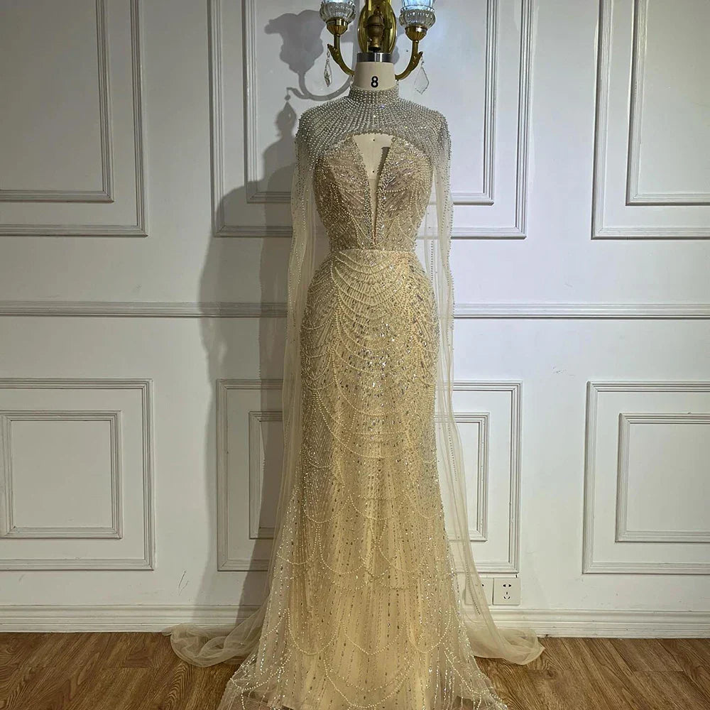 Abito da Sera di Lusso Perle Nude Abito Ricamato con Cristalli e Strascico in Tulle LA72189A