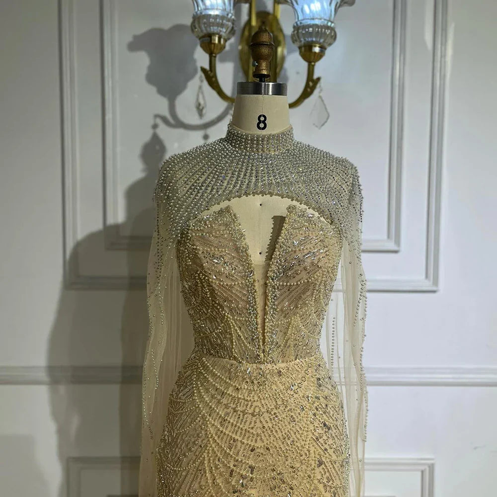 Abito da Sera di Lusso Perle Nude Abito Ricamato con Cristalli e Strascico in Tulle LA72189A
