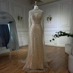Abito da Sera di Lusso Perle Nude Abito Ricamato con Cristalli e Strascico in Tulle LA72189A