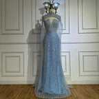 Abito da Sera di Lusso Perle Nude Abito Ricamato con Cristalli e Strascico in Tulle LA72189A