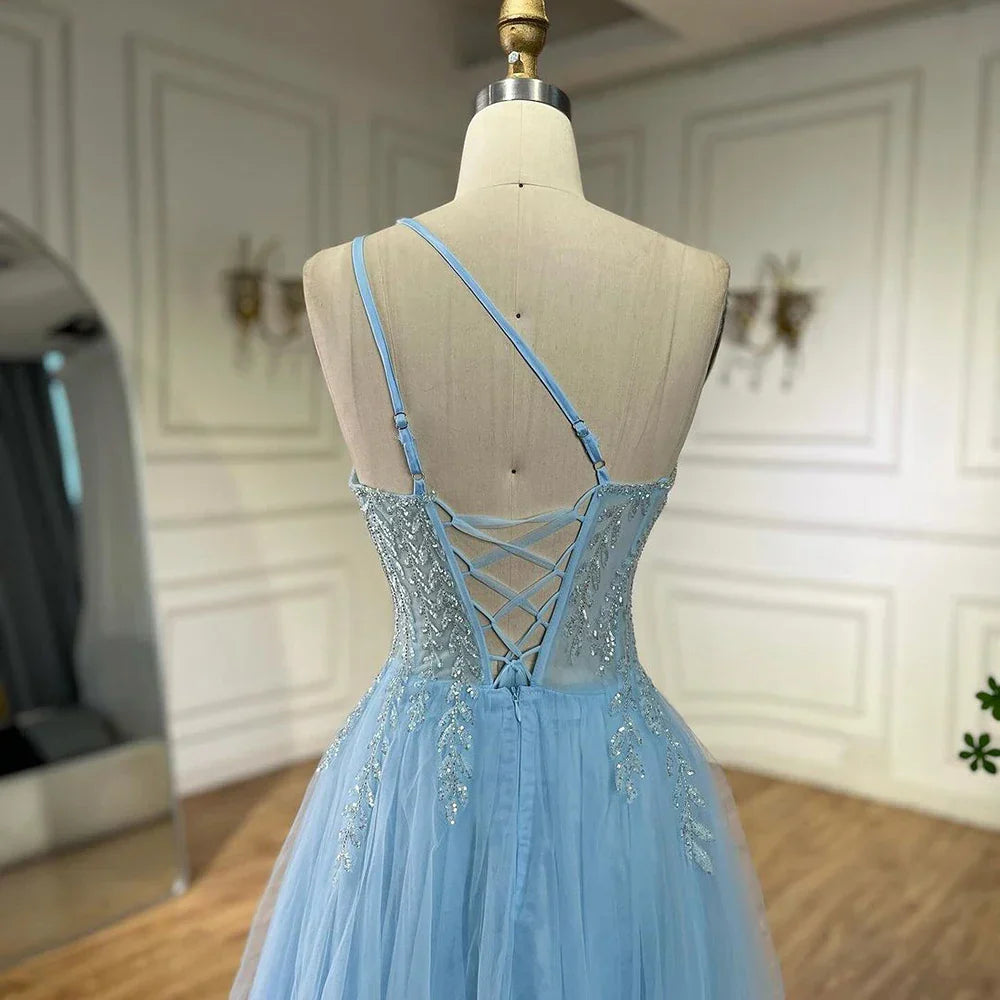 Serena Collina  Abito da Ballo Spaghetti Strap Blu Scollato Asimmetrico a Linea A 2025 LA72589
