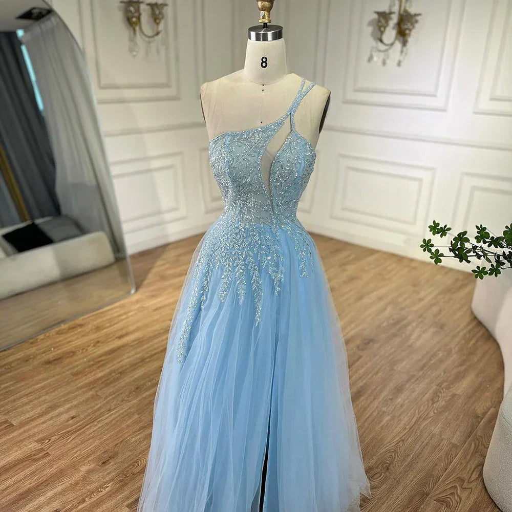 Serena Collina  Abito da Ballo Spaghetti Strap Blu Scollato Asimmetrico a Linea A 2025 LA72589