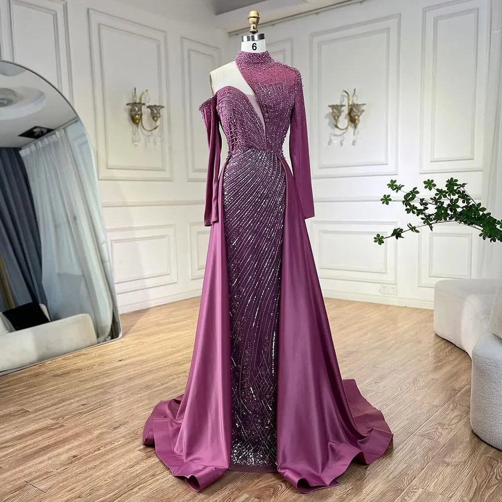 Vestidos de Noite e Fatos de Gala Elegantes para Mulheres, Ombro Único, Com Contas, Luxuosos, Estilo Sereia, Verde Árabe, Colina Serena, Para Casamento e Festa, LA72550